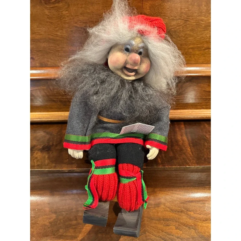 Vintage Hallingnissen Norway Gnome Nisse Doll on Skis Scandinavian Folk Art